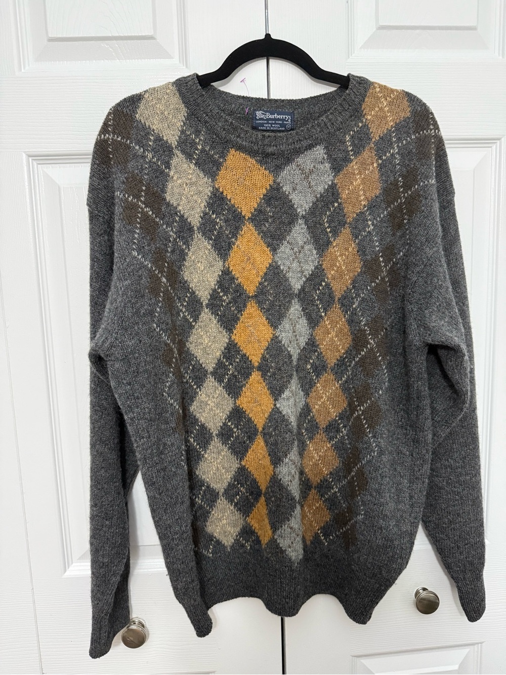 Burberry Gray Wool Sweater with Mustard and Cream Accents